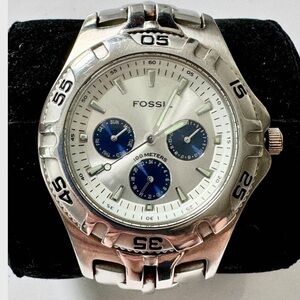 Fossil Silver and Blue Stainless Steel Chronograph Watch